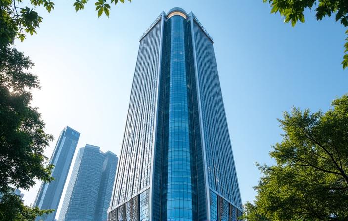 Eksterior bangunan International Plaza di Singapura dengan suasana bandar yang sibuk.